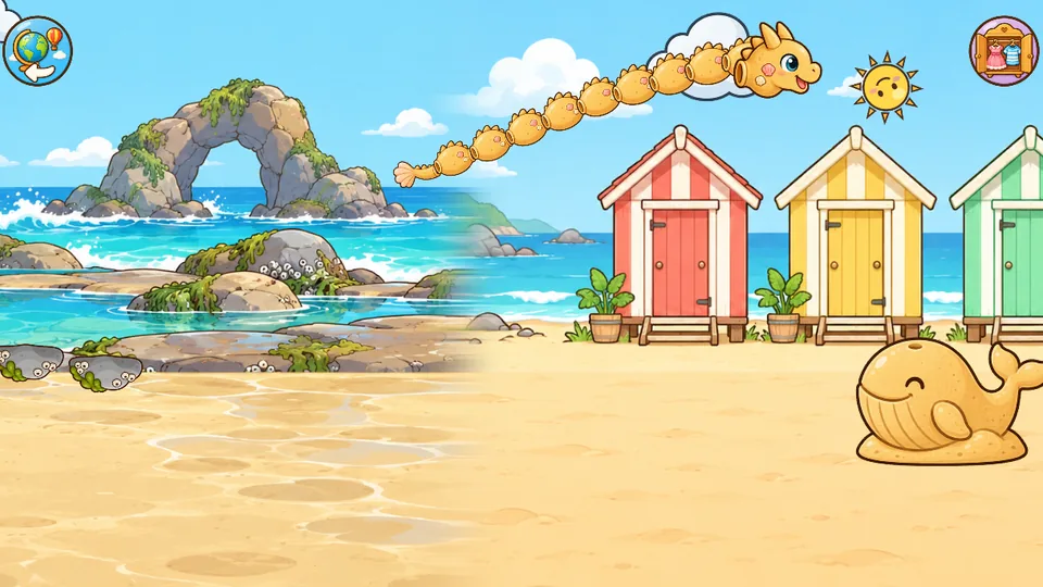 Beach: the whale sculpture and the sand dragon