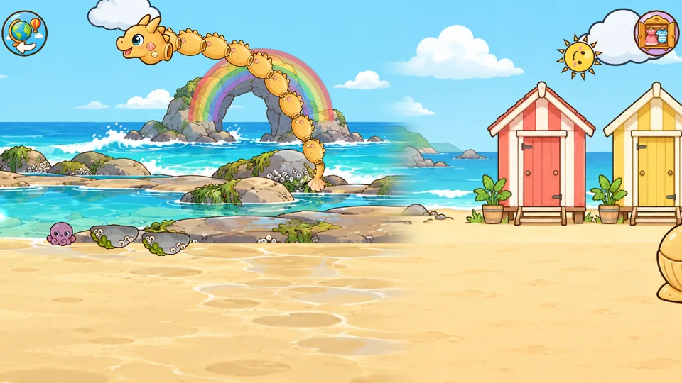 Beach: the sand dragon leaps over a rainbow
